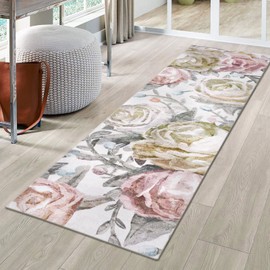 DECOMALL Jasmine Runner Rug for Hallway Kitchen, Washable Long Rugs, Colorful Modern Floral Foldable Carpet for Entryway, 2'6"x9', Pink/Multi