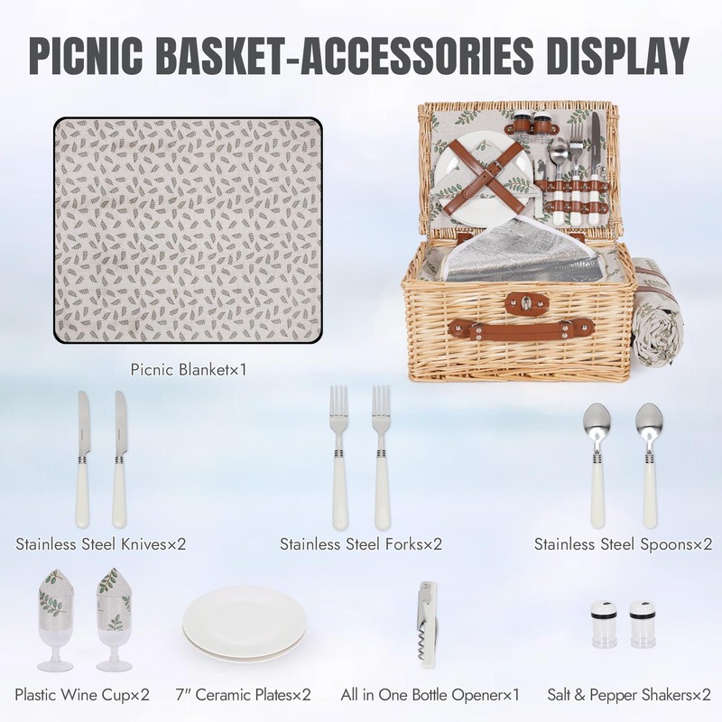 HappyPicnic Picnic Basket Set for 2 - Wicker Picnic Basket