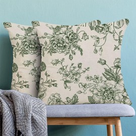 Spring Olive Green Floral Pillow Covers 18x18 Inch Set of 2, Chinoiserie Olive Green Flower Decorative Throw Pillowcase Vintage Floral Outdoor Cushion Cover for Sofa Couch Living Room Bed Decor