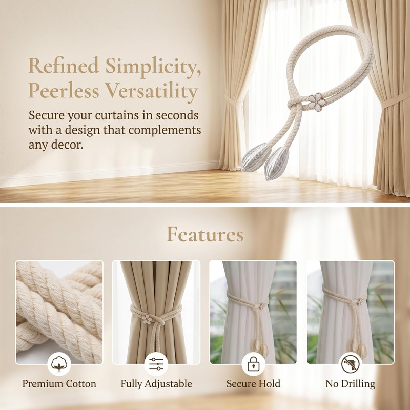 Elovara 2 Pack Cotton Rope Tie Backs, Flower Buckle Drill