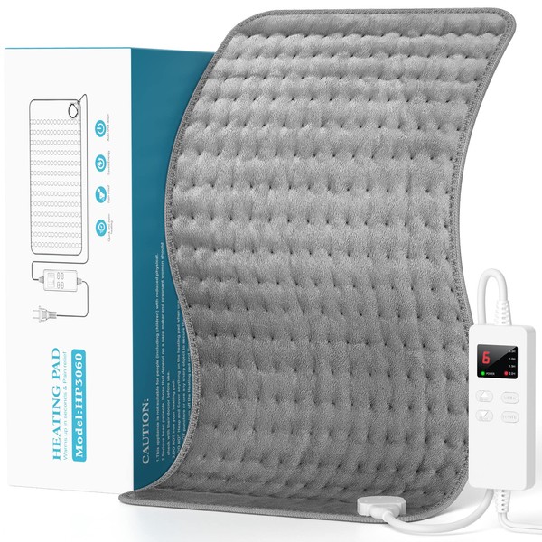 Heating Pad for Back Pain and Cramps Relief - Extra Large (12"x24") Electric Heating Pad for Neck and Shoulders, Ultra Soft Heat Pad with 6 Fast Heating Settings, Auto Shut Off, Machine Washable, Gray