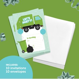 Garbage Truck Style 2 Happy Birthday Invitations Invite Cards (10 Count) With Envelopes Boys Girls Kids Party (10ct)