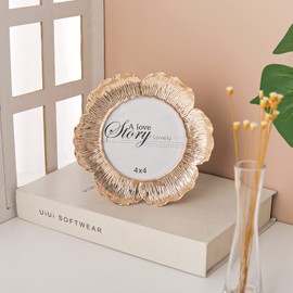 C&Z Round Floral Picture Frame, 4x4 Circular Flower Shaped Photo Frame with High Definition Glass Front for Tabletop, Home Decor, Wedding, Graduation