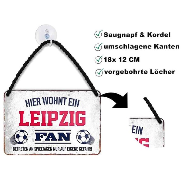Tin Sign with German Text "HIER WOHNT EIN Leipzig Fan Hanging Sign for Football Enthusiasts" Decorative Item Sign Gift Idea 18 x 12 cm