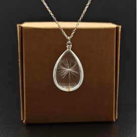 Dandelion Make a Wish Real Flower Waterdrop Glass Teardrop Pendant 925 Sterling Silver Chain Necklace for Women Handmade
