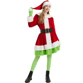 Boveco Christmas Dress for Women 5 Pcs Furry Costume Suit Mrs Claus Outfits with Hat Belt for Xmas Holiday 3XL