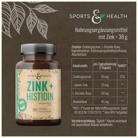Zinc + Histidine with 180 Vegan Capsules Thanks to Histidine with Optimal Bioavailability Without Microcrystalline Cellulose