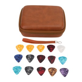 Guitar Pick Bag Set Large Space Waterproof Good Protection EVA Cloth Storage Holder Case with 15 Pcs Guitar Picks Brown (with Strap)