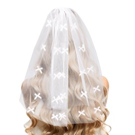 Jaciya Wedding Veil with Romantic Bows | Bachelorette Party Decorations | White Double-Layer Veil