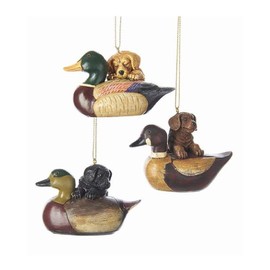 Kurt Adler Puppy W/Duck Decoy Ornament - 3 Assorted: Brown, TAN and Black