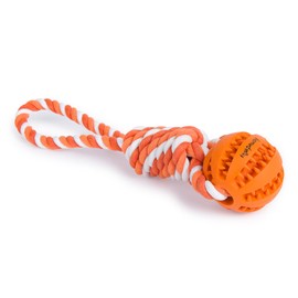 PAWDY Hundeseil mit Ball für Spielspaß und Zahnpflege - Robustes Hundespielzeug für mittlere & große Hunde - Kauspielzeug mit Noppen aus Naturkautschuk - Ball Seil Wurfspielzeug für Hunde (orange)