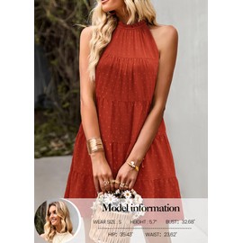 KIRUNDO Womens Summer Dresses 2025 Casual Halter Sundress Sleeveless Flowy Mini Babydoll Tiered Pleated Beach Dress(Dot-Brick Red, Large)