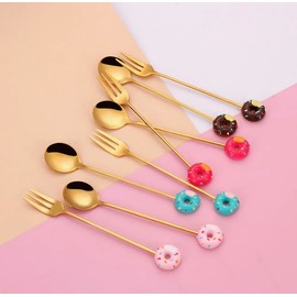 2PCS Stainless Steel Drink Spoon & ForK Set-Reusable Teaspoons for Cocktail, Coffee, Juice,Wine, Milk, Tea. Cartoon & Donut Shape Dessert Utensils (Pink Donut)