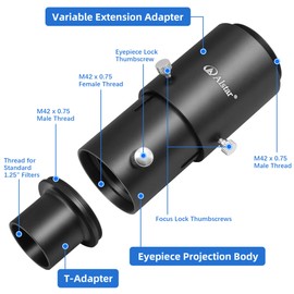 Alstar 1.25 Inch Extendable Camera Adapter - for Either Prime-focus Or Eyepiece-projection Astrophotography with Refractors or Reflector Telescopes - Threaded for Standard 1.25 inch Astronomy Filters
