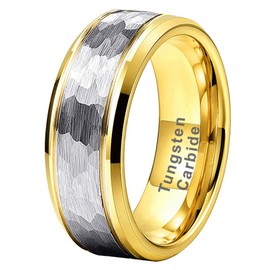 LUXUBANDS 8mm Gold Hammered Tungsten Rings for Men Women Wedding Bands Two Tone Silver Center Comfort Fit Size 11.5