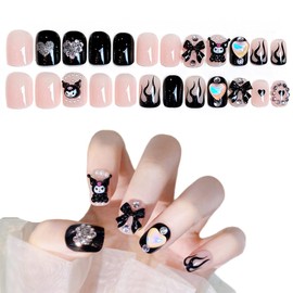 PEXIVOZ Kuromi Cute Fake Nails with Anime Pattern, Short, Artificial Nails, Made of Acrylic, Lightweight, Easy to Reuse, Press On Nails, with Glue/Nail Glue, Pack of 24, AB, M