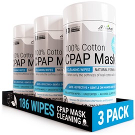 AWOW Professional CPAP Cleaning Wipes - Unscented 100% Cotton, Make CPAP Mask Cleaning Easy for Daily CPAP/BiPAP Mask Maintenance, 62 CPAP Wipes per Canister (Pack of 3)