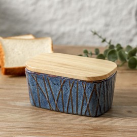 HVH Ceramic Butter Dish with Lid for Countertop, Airtight Butter Keeper with Wooden Lid, Butter Holder for East West Coast Butter, Irregular Striped (Wabi sabi, 6 x 3.5 x 2.7)