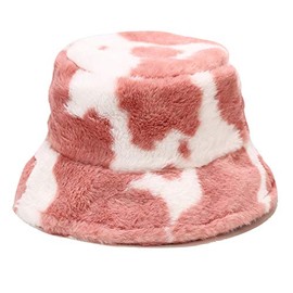 Umeepar Winter Faux Fur Fuzzy Bucket Hat Fluffy Warm Hat for Women Men (Cow Print Pink)