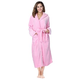 RONGTAI Hooded Womens Robe, Long Plush Robes for Women, Two Side Pockets and Belts, Warm and Cozy (L, Pink)
