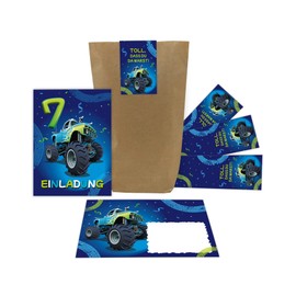12 Invitation Cards for 7th Birthday Party Invitations for Boys Car Monster Truck Including 12 Envelopes, 12 Bags, 12 Stickers