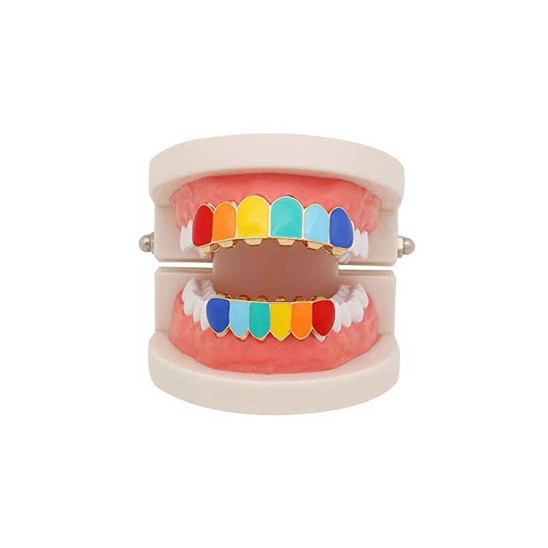 canjoyn Rainbow Grillz Vampire Fangs 6 Teeth Top Bottom Set