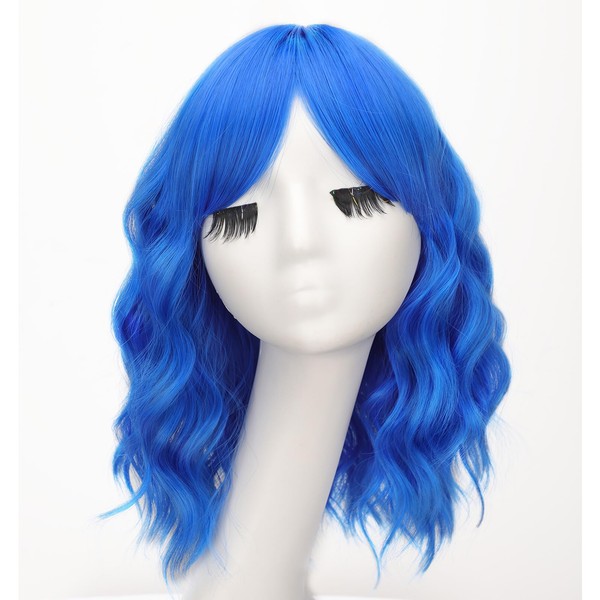 AISI HAIR Blue Synthetic Wavy Curly Bob Wig with Bangs