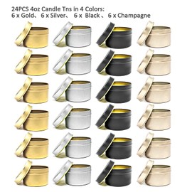 Unixing 24Pcs 4oz Candle Tins for DIY Candle, Metal Candle Container Tins for Candle Making Gold Champagne Black Silver Container Tins