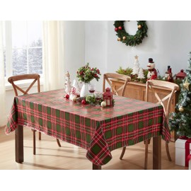 Newbridge Hamilton Green Tartan Plaid Christmas Vinyl Flannel Backed Tablecloth, Traditional Evergreen and Red Xmas Holiday Plaid Easy Care Wipe Clean Tablecloth, 52 Inch x 52 Inch Square