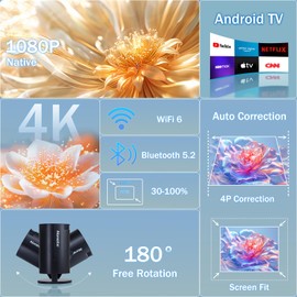 [Built-in Apps] Mini Projector with WIFI 6 and Bluetooth5.2 1080P 4K, Portable Projector 180° Rotatable 130'' Screen Smart Projector Auto Horizontal Correction Compatible for Laptop PC Black