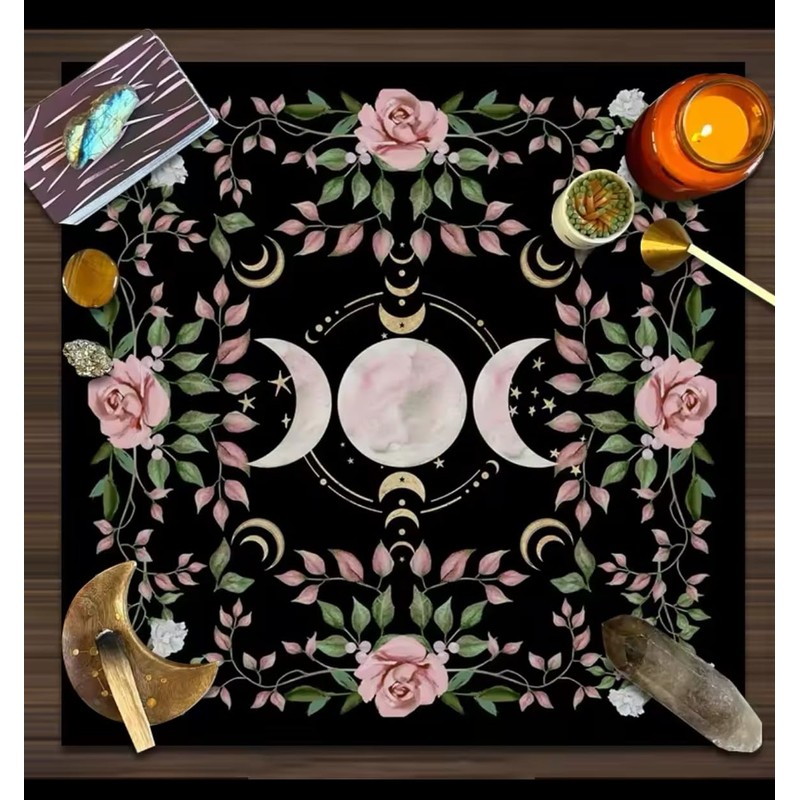 Mantel de Tarot 75x75 cm con Triple Diosa y Rosas