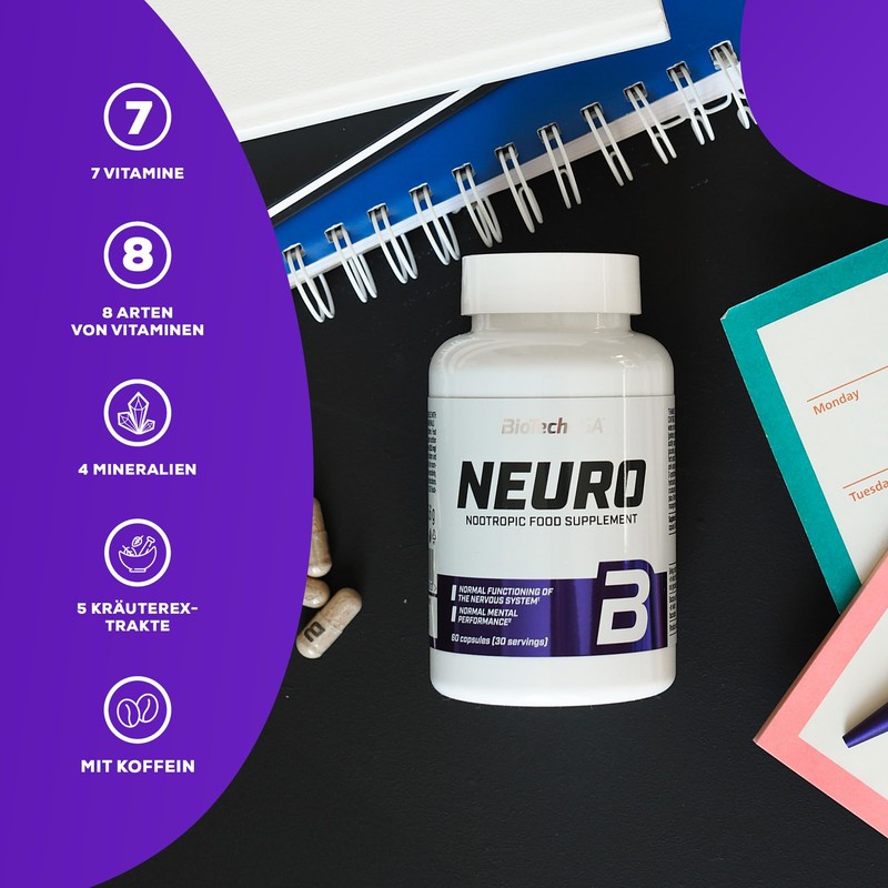 BioTechUSA Neuro Dietary Supplement Capsules with Plant Extracts, Vitamins and