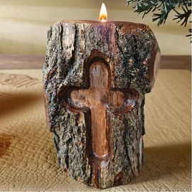 Rustic Christian Cross Candle Holder – Natural Log Wood Tealight with Bark – Made in USA – Religious Decor & Gift for Housewarming, Memorial, Baptism, Holidays, or Prayer Corner (Tealight Candle Hole)