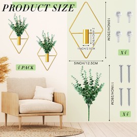 Jexine 4 Pcs Plant Wall Decor Diamond Shape Hanging Planters with Artificial Plants Geometric Wall Decor Metal Hanging Vase Indoor Plants Holder for Living Room Bathroom Home (Eucalyptus)