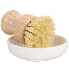 Bamboo Scrub Brushes with Ceramics Holder Mini Palm Scrub Brush Pot Dish Brush Wooden Cleaning Scrubbers for Kitchen Sink Bathroom