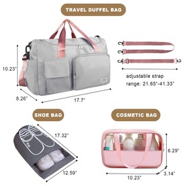Ebbniur Travel Duffel, Large Weekender Overnight Bag with Shoes Compartment, Personal Tote Bag for Women or Men, Waterproof Carry-on Bag with Clear Cosmetic, 3Pcs Set (Grey+Pink)