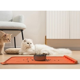 Pet Feeding Mat, Dog Food Mat, 24''x16'' Silicone Pet Feeding Mats with Residue Collection Pocket, Waterproof Dog Cat Bowl Mats for Food and Water with Edge and Hook, Tray for Dog Bowls, Coral