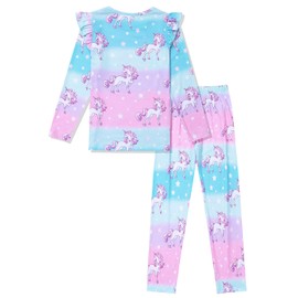 Jxstar - Conjunto de pijama para niñas, manga volada, ropa de noche de algodón para otoño e invierno, Unicorn azul, 10-11 Años