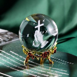 2.36" K9 Crystal Ball 3D Laser Engrave Praying Cross with Red Metal Rose Base, Religious Gifts for Women Man, Christian Gifts for Friend, Glass Paperweight Home Ornament