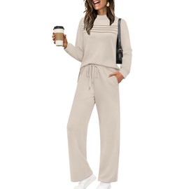 WIHOLL Lounge Sets for Women 2 Piece Fall Outfits 2025 Travel Winter Business Casual Outfits Vacation Wide Leg Crop Pants Mock Neck Khaki XL