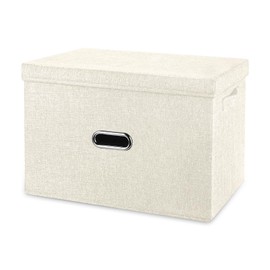 Valease Large Linen Fabric Foldable Storage Bins with Removable Lid and Handles, Washable Storage Box Organizer Containers Baskets Cube with Cover for Bedroom,Office(Cream, Small)