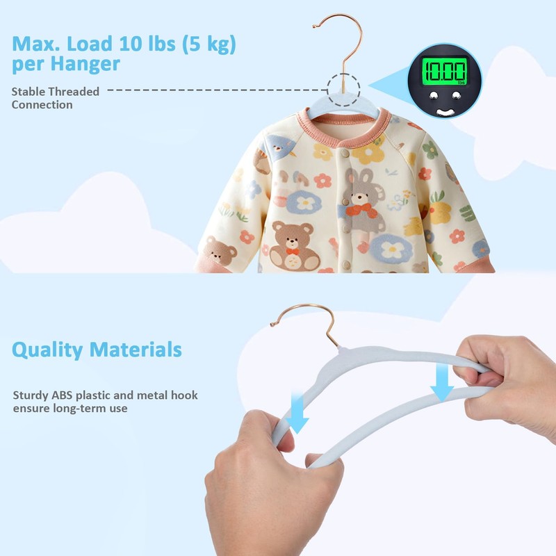 Tonswachic 30-Pack 11 Inch Baby Closet Hangers with 10 Clips