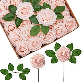 Dezicakes Peach Roses Artificial Flowers for Home Decor Indoor Set of 24 Large Bloom Foam Roses 5"