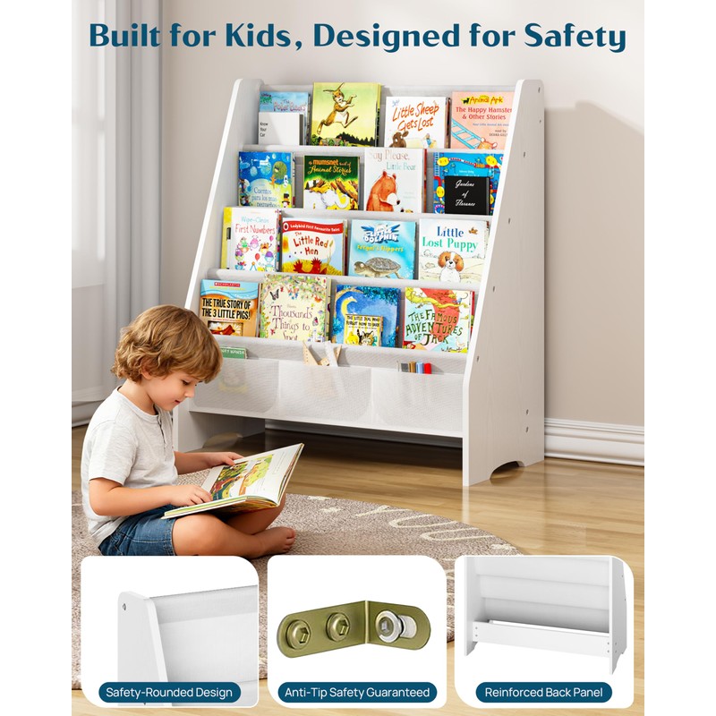 SEIRIONE Sturdy Kids Bookshelf, Children Display Rack, 4 Sling and