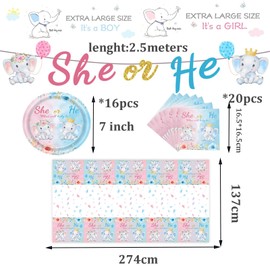 Elephant Baby Shower Gender Reveal Party Tableware for Girls,Boys-38Pcs She or He Gender Reveal Theme Tableware Decorations for Party Table Cloth,7inch Plates,Napkins,Banner Dinnerware Party Supplies