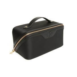 Alice Wheeler LTC Luxury Train Case, Black Leather with Gold Zipper, Travel Cosmetic Bag