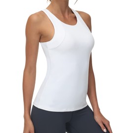 High Neck Workout Tank Tops Sports Bras for Women Full Coverage Tank with Built-in Shelf Bras Racerback Yoga Gym Shirt White