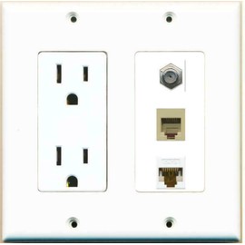 RiteAV [ 2 GANG ] 15 Amp Duplex Power Outlet Coax Cable CAT6 RJ11-12 Phone Wall Plate
