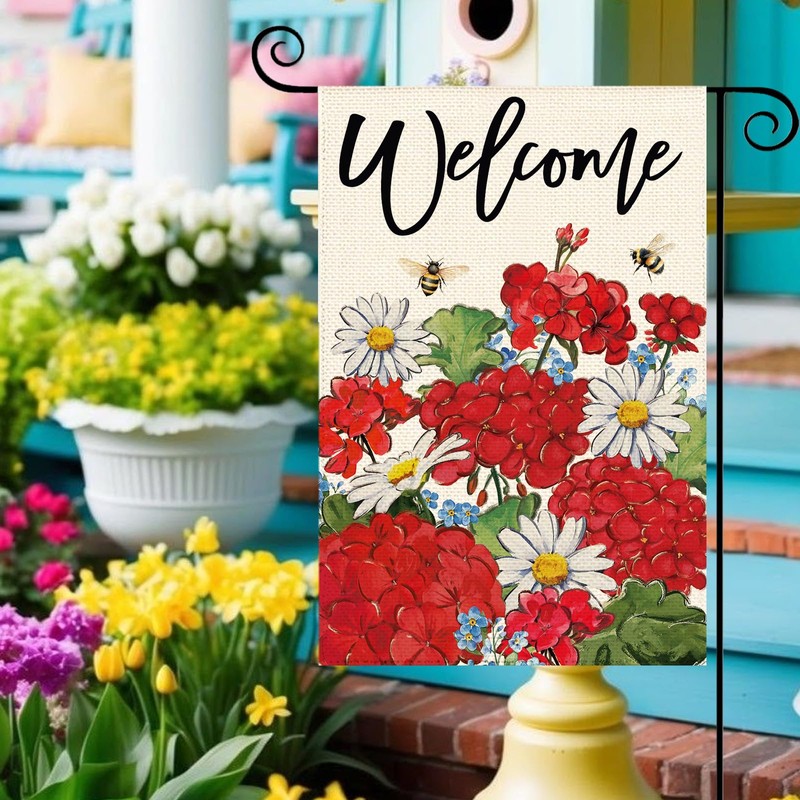 Tikeciti Red Geraniums Bee Garden Flag Double Sided Small Yard