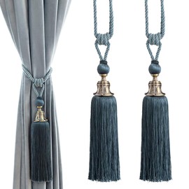 Melodieux Decorative Curtain Tiebacks Antique Tassels Holdbacks - Home Office Windows Drapery Fasteners Fringe Ropes, Set of 2 (Navy)